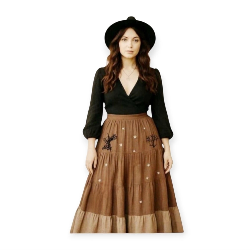 Vintage 90s Brown Handmade Embroidered Tiered Maxi Skirt Small Vintage Boho
